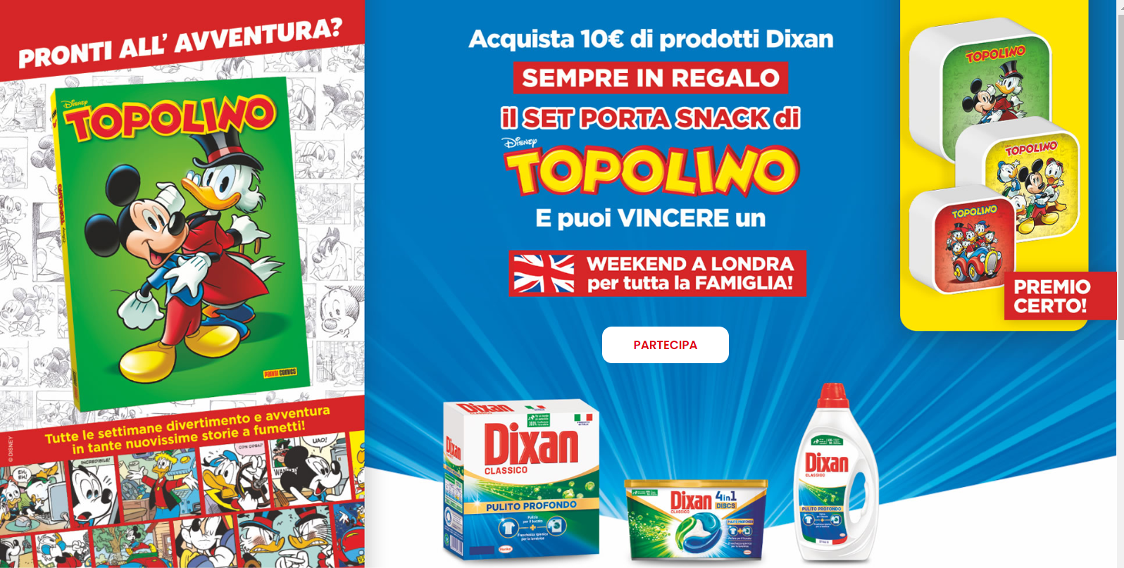 “PRONTI ALL’AVVENTURA CON DIXAN”, sempre in regalo il set porta snack di Topolino e vinci un weekend a Londra per tutta la famiglia!